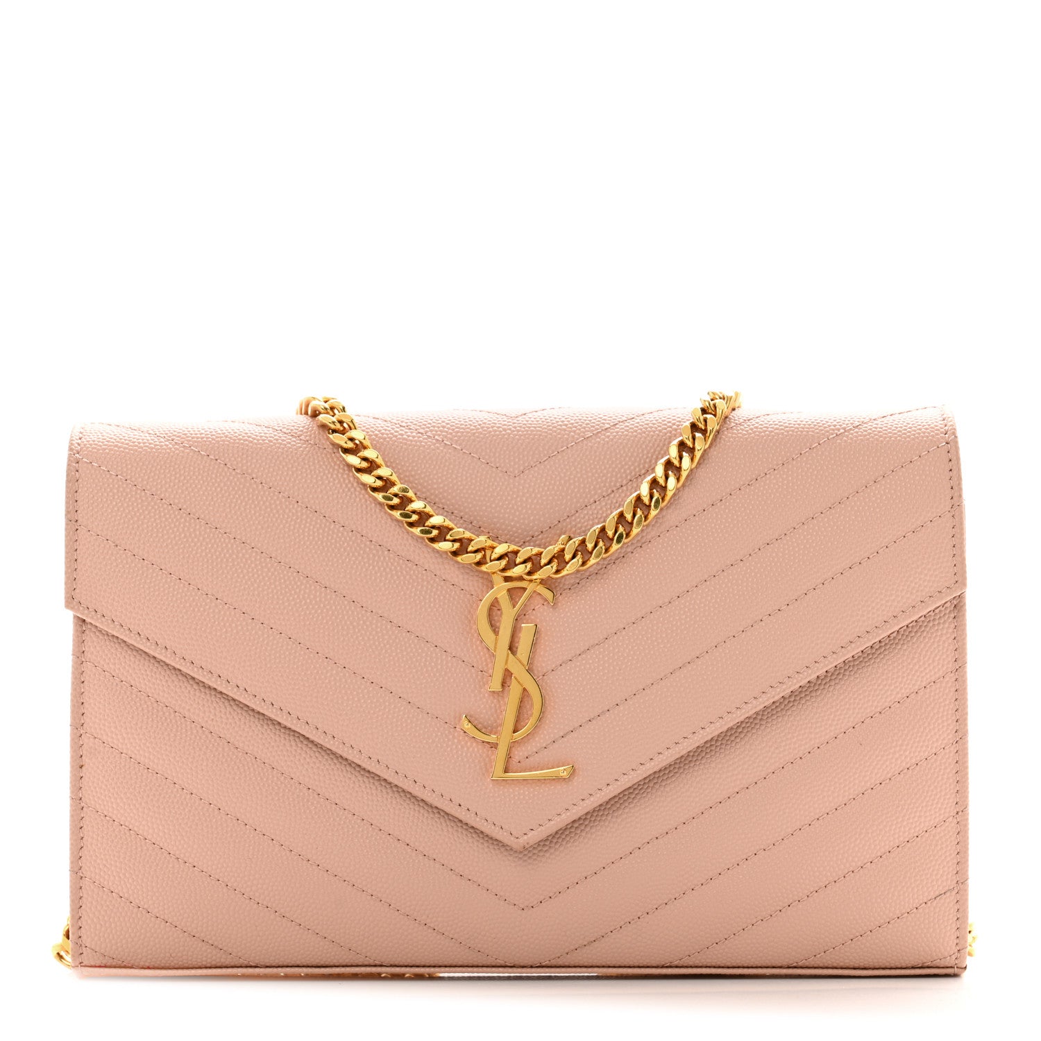 Saint Laurent Grain De Poudre Matelasse Chevron Monogram Chain Wallet Pale Pink 1 of 16