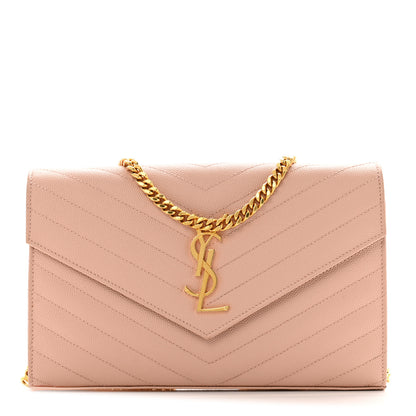Saint Laurent Grain De Poudre Matelasse Chevron Monogram Chain Wallet Pale Pink 1 of 16