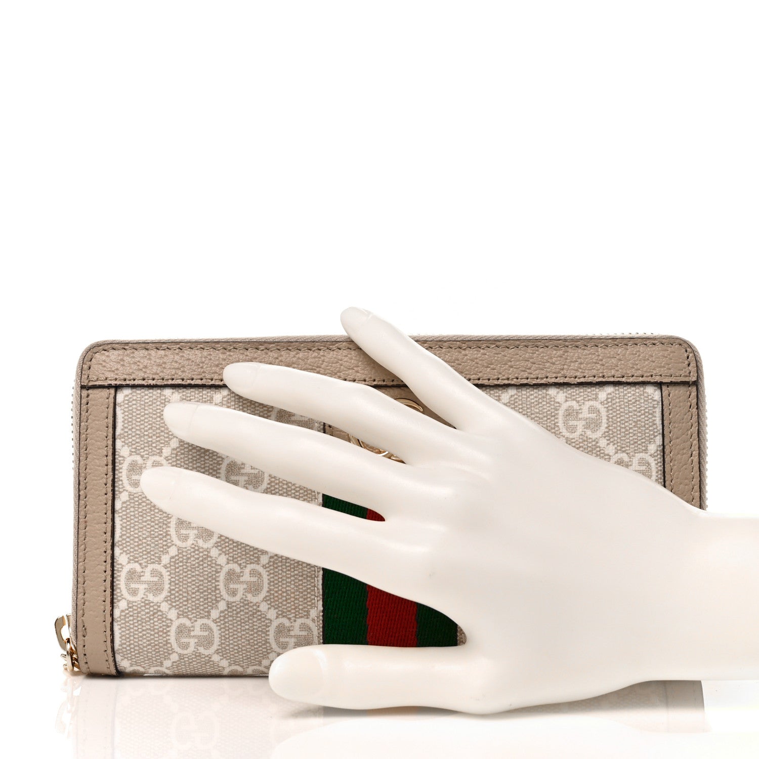 Gucci GG Supreme Monogram Textured Dollar Calfskin Web Ophidia Zip Around Wallet Beige Mystic White Oatmeal 2 of 8