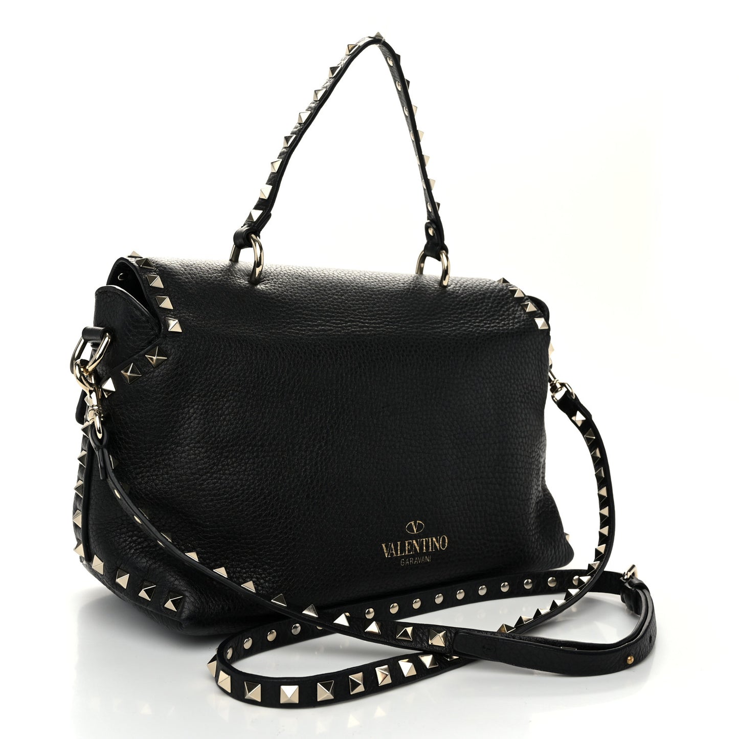 Pebbled Calfskin Rockstud Single Handle Flap Bag Black
