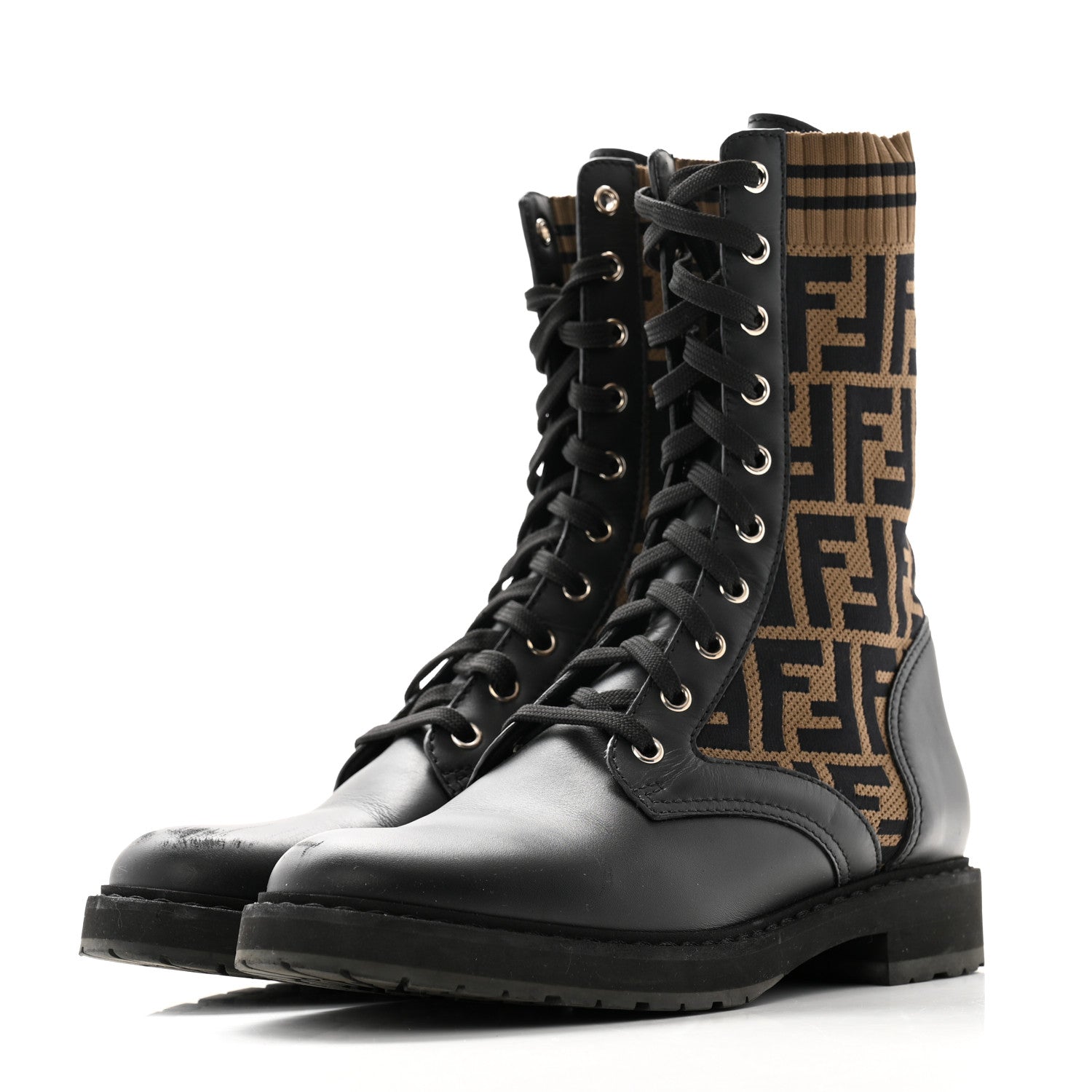 Fendi Calfskin Stretch Fabric FF Rockoko Biker Boots 39 Black Tobacco 3 of 7