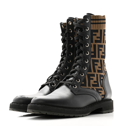 Fendi Calfskin Stretch Fabric FF Rockoko Biker Boots 39 Black Tobacco 3 of 7