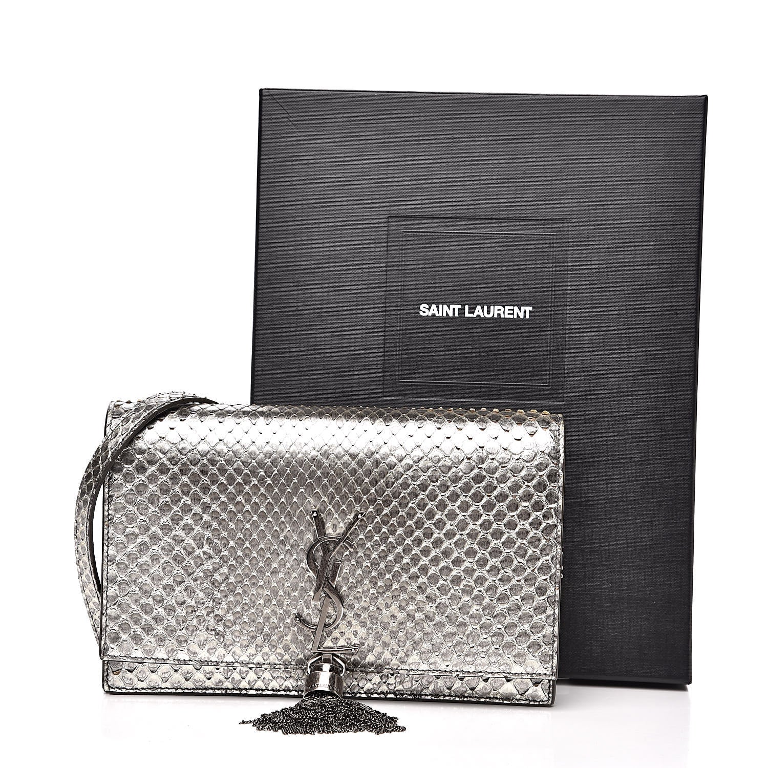 Saint Laurent Metallic Python Calfskin Embossed Classic Monogram Kate Tassel Chain Wallet Anthracite 13 of 13