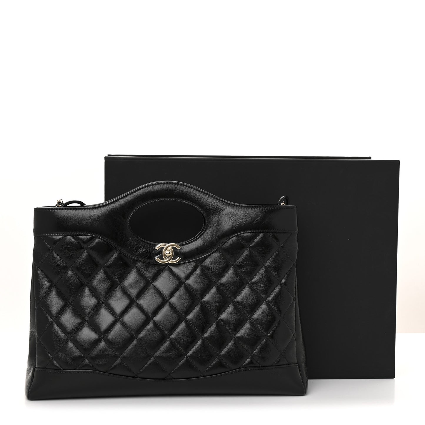 Shiny Lambskin Quilted 31 Shopping Bag Black