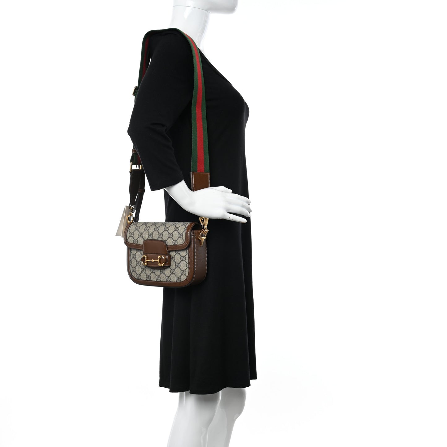GG Supreme Monogram Azalea Calfskin Web Mini Horsebit 1955 Shoulder Bag Beige Ebony Brown Sugar