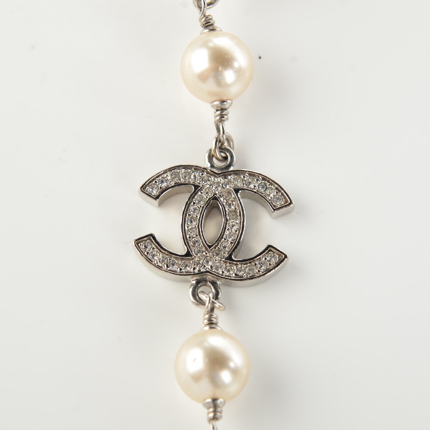 Chanel Crystal Pearl CC Long Necklace Silver 6 of 6