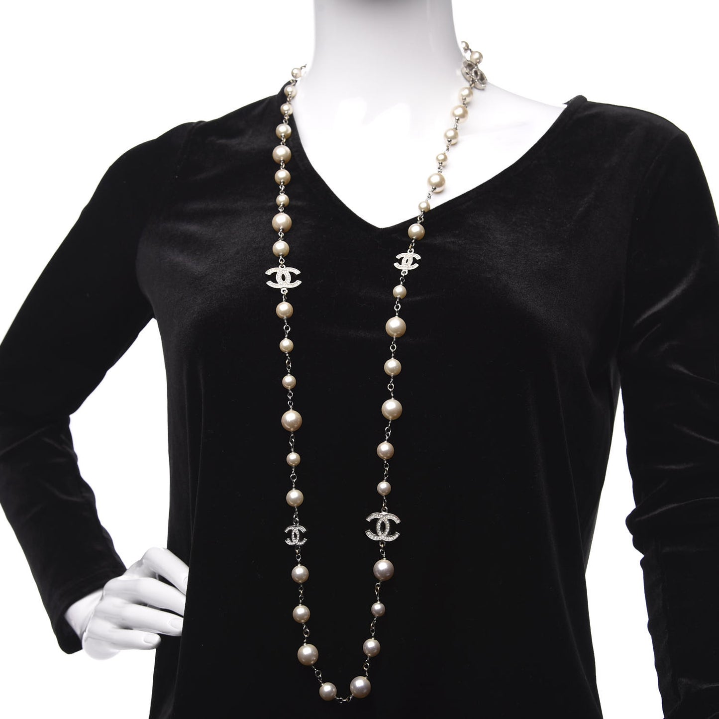 Crystal Pearl CC Long Necklace Silver