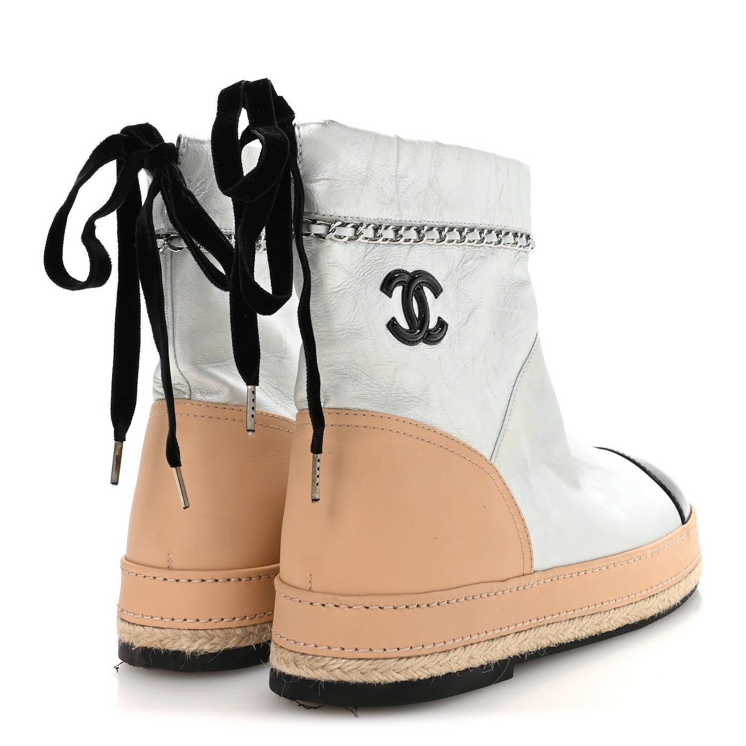 Chanel Lambskin Patent Cap Toe CC Chain Espadrille Boots 40 Silver