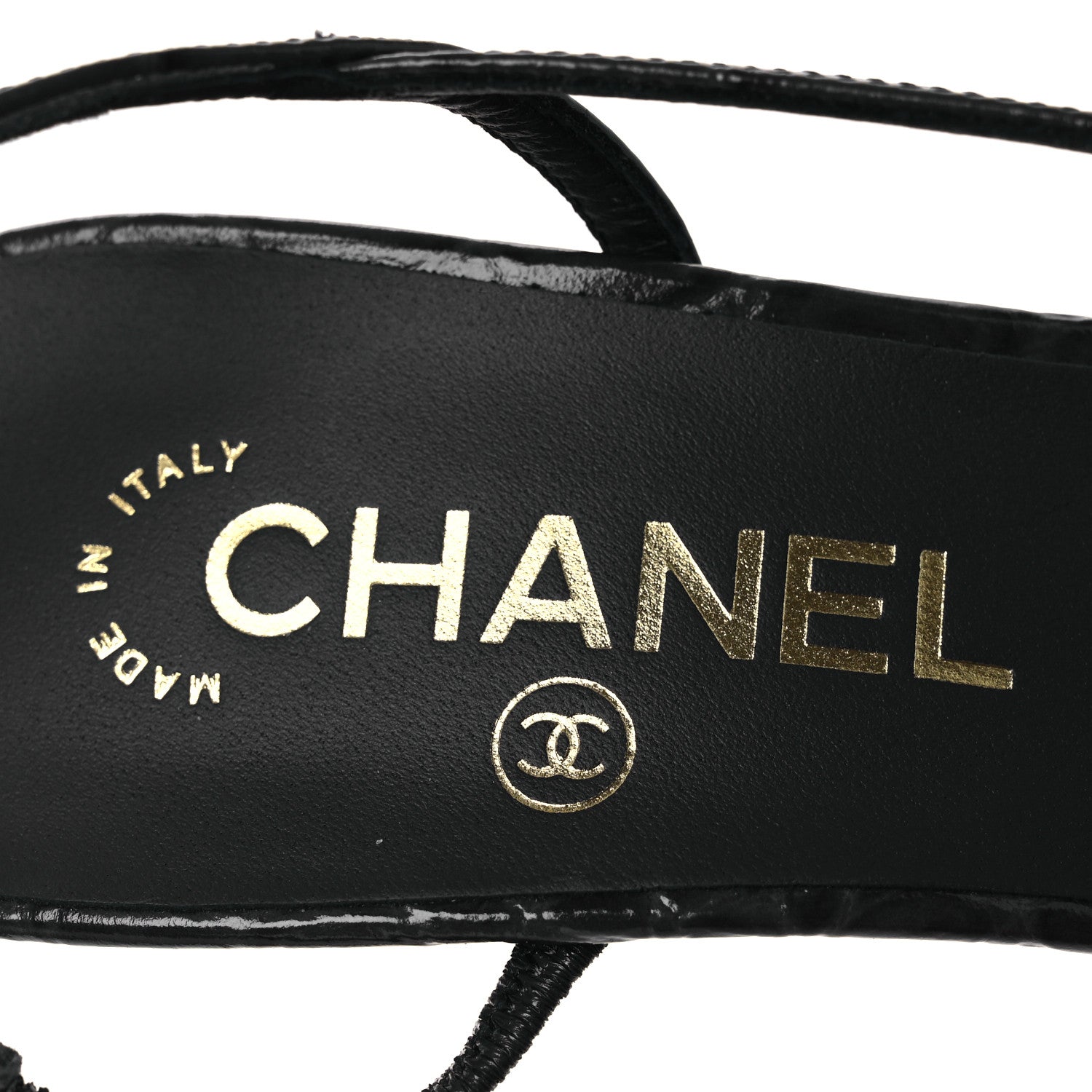 Chanel Patent Calfskin Crocodile Embossed Cap Toe CC Slingback Pumps 38.5 Dark Grey White 9 of 11