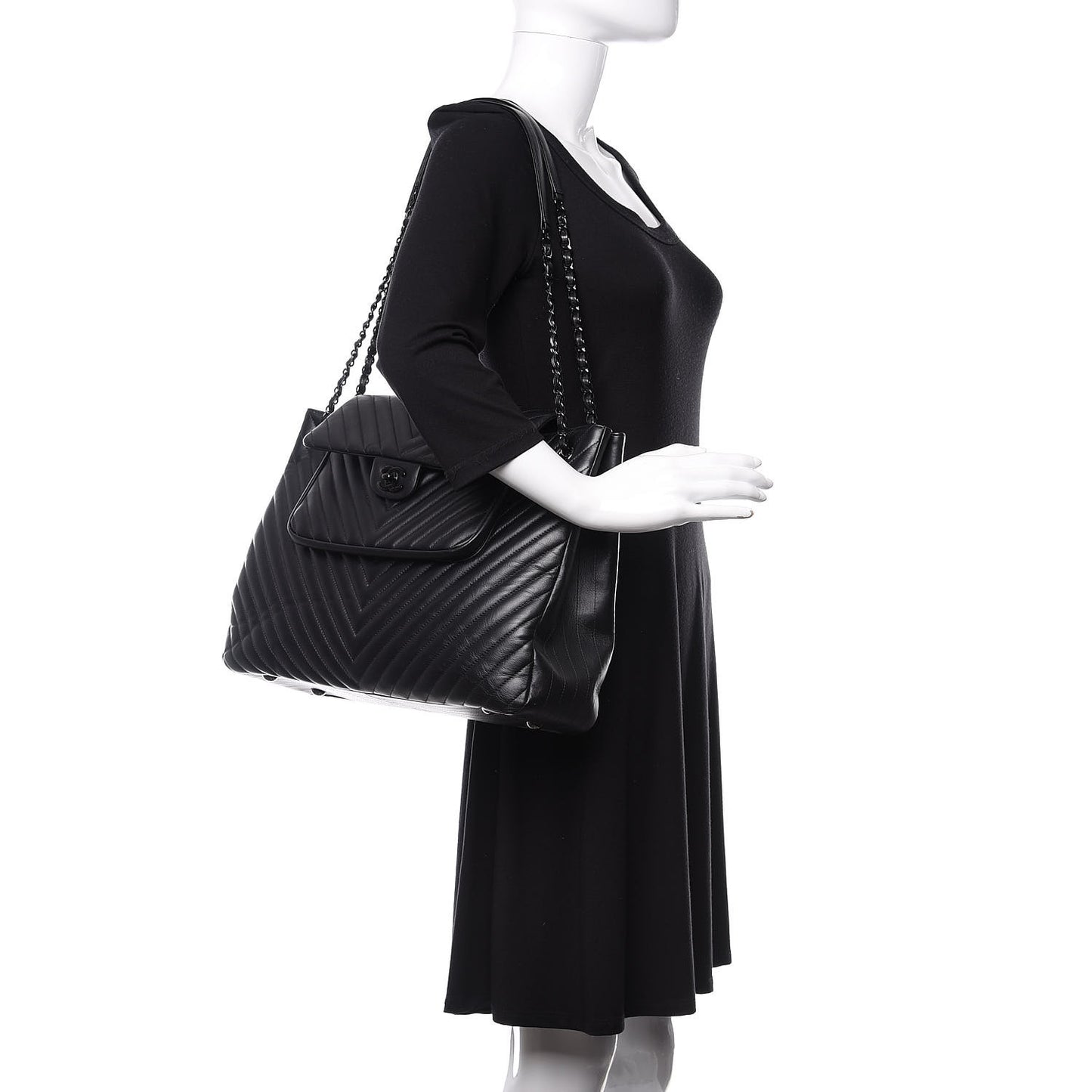 Calfskin Chevron Quilted Flap Tote So Black