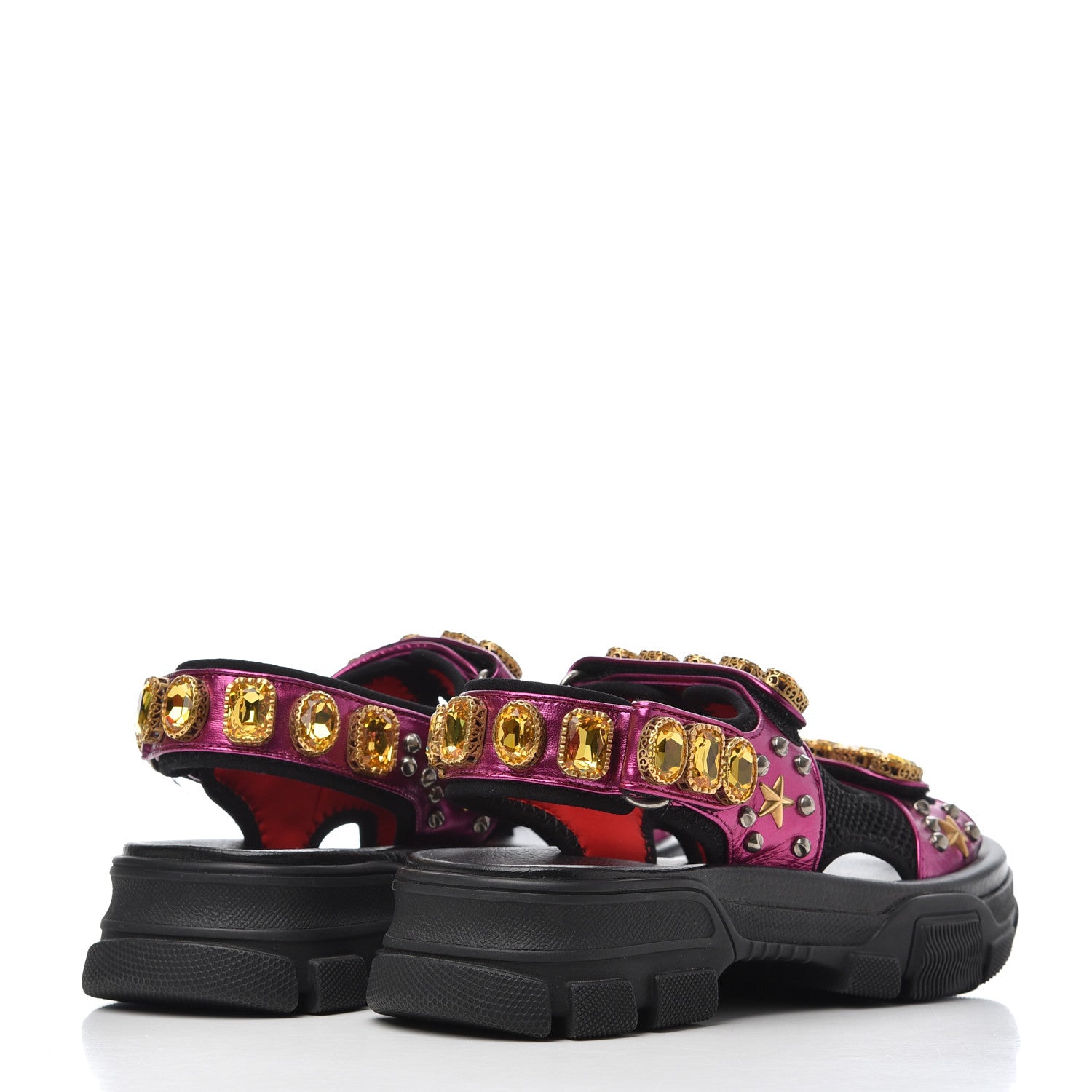 Gucci Nappa Mesh Crystal Embellished Studded Womens Aguru Sandals 37 Pink Black 4 of 15