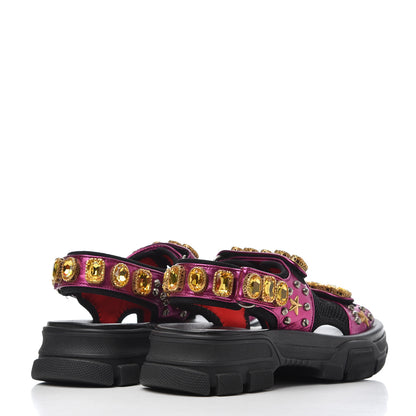 Gucci Nappa Mesh Crystal Embellished Studded Womens Aguru Sandals 37 Pink Black 4 of 15