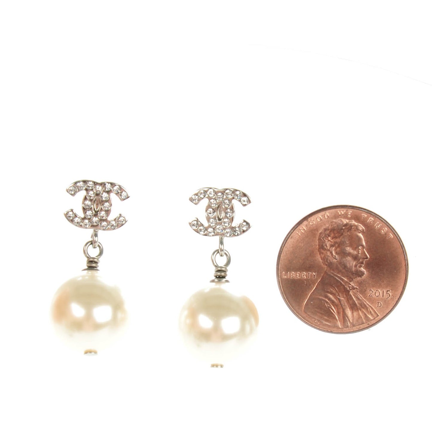 Crystal Pearl CC Drop Earrings Silver