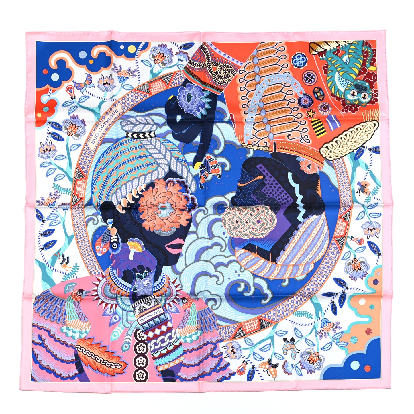 Silk Twill Duo Cosmique Scarf 90 Rose Pale Bleu Orange