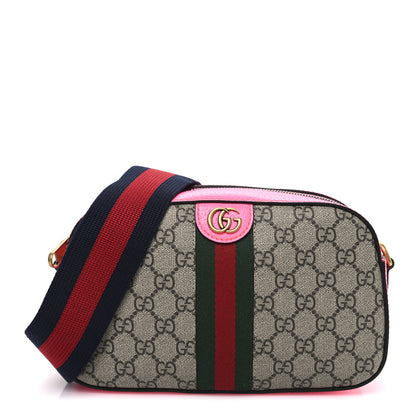Gucci GG Supreme Monogram Textured Dollar Calfskin Web Ophidia Small Crossbody Bag Beige Ebony Fuchsia 1 of 10
