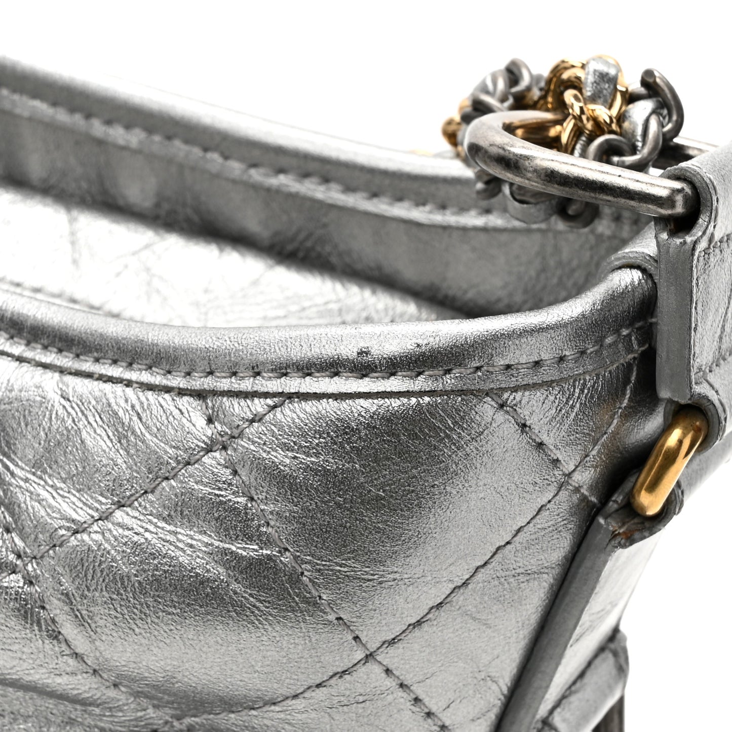 Metallic Aged Calfskin Quilted Medium Gabrielle Hobo Silver