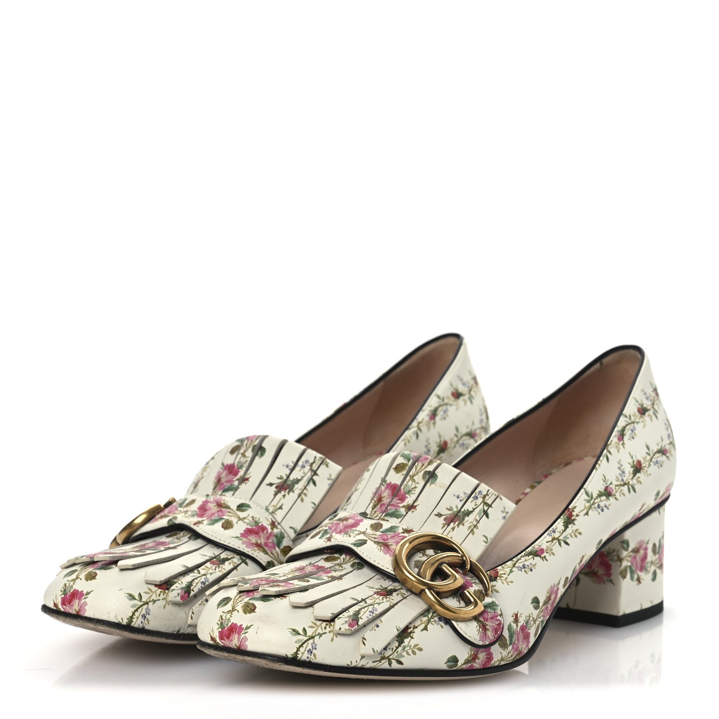 Calfskin Rose Print GG Marmont Fringe 50mm Loafer Pumps 39.5 Multicolor