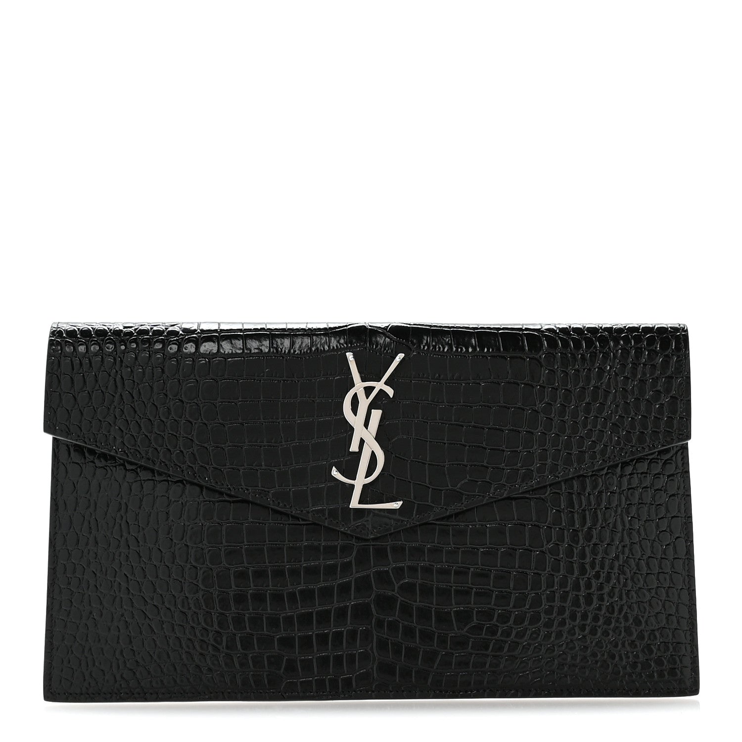 Saint Laurent Calfskin Crocodile Embossed Uptown Monogram Pouch Black 1 of 8