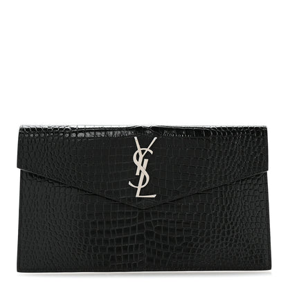 Saint Laurent Calfskin Crocodile Embossed Uptown Monogram Pouch Black 1 of 8