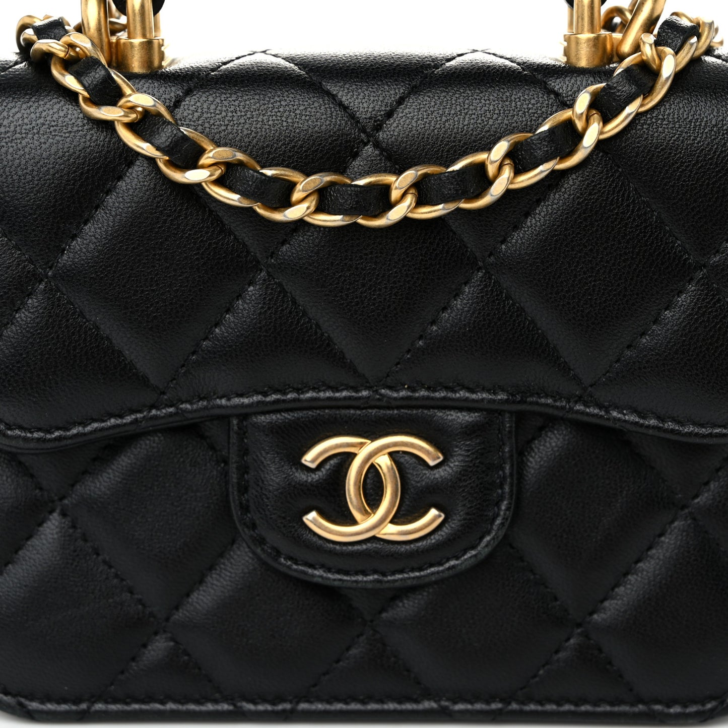 Lambskin Quilted Top Handle Flap Coin Purse With Chain Black