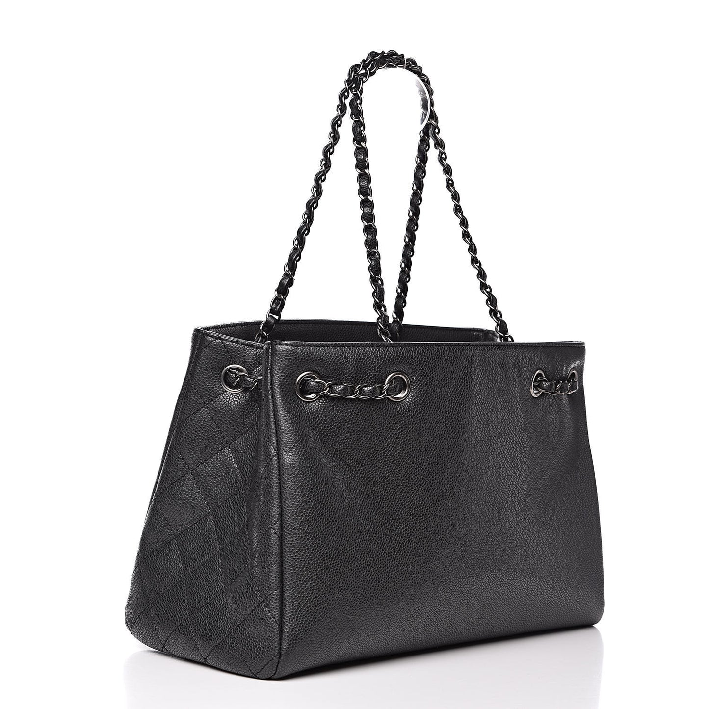 Metallic Grained Calfskin Medium Woven Chain Shopping Tote Black