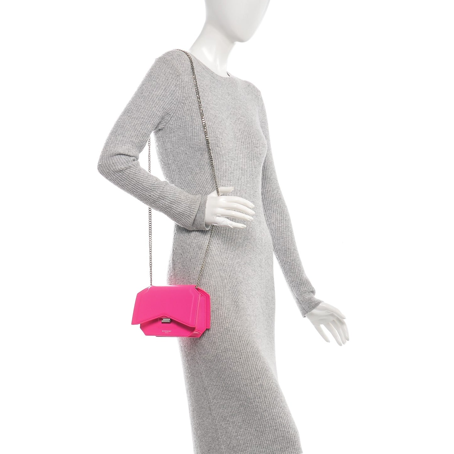 Calfskin Bow Cut Chain Wallet Neon Pink