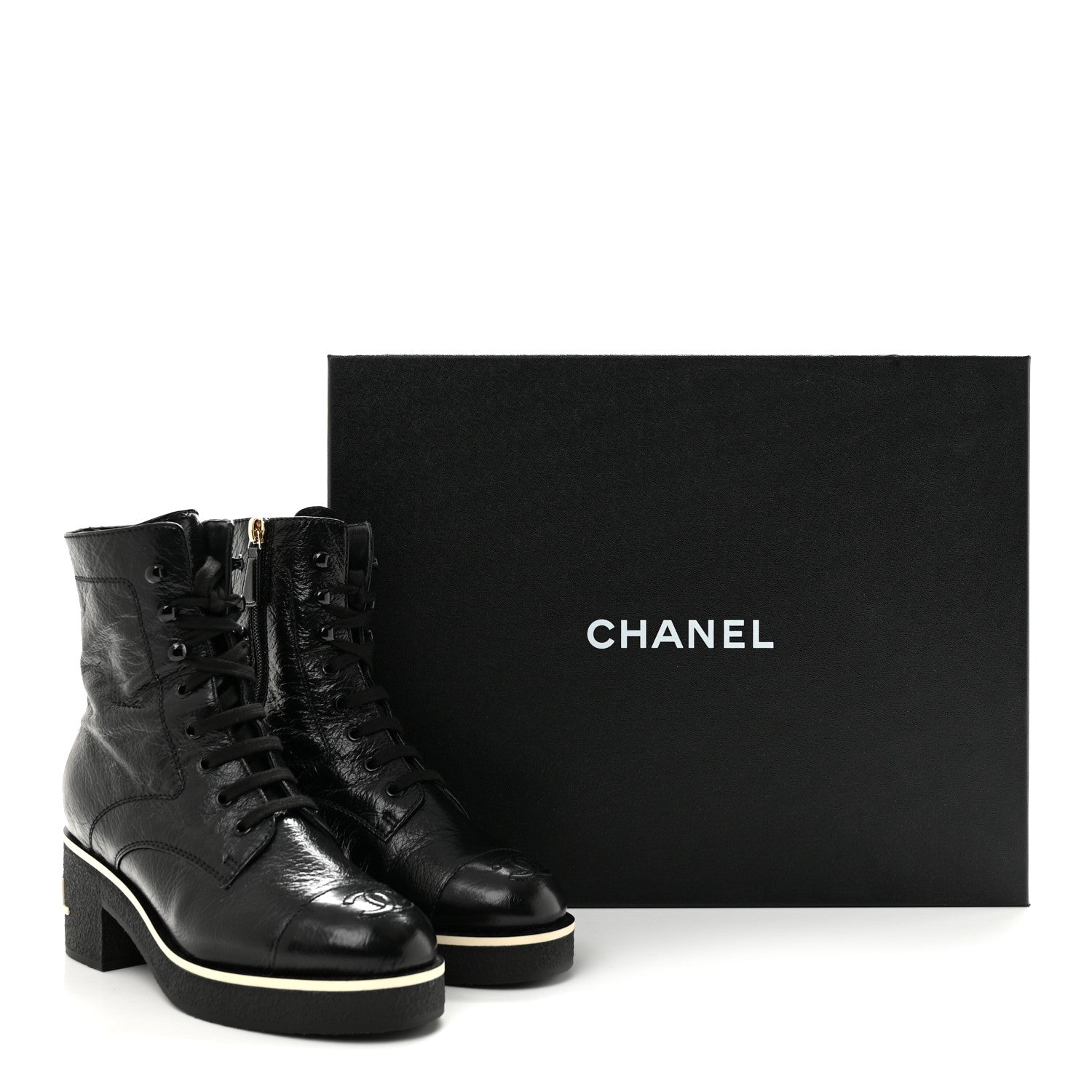 Chanel Shiny Crumpled Lambskin Lace Up Combat Boots 36 Black 11 of 11