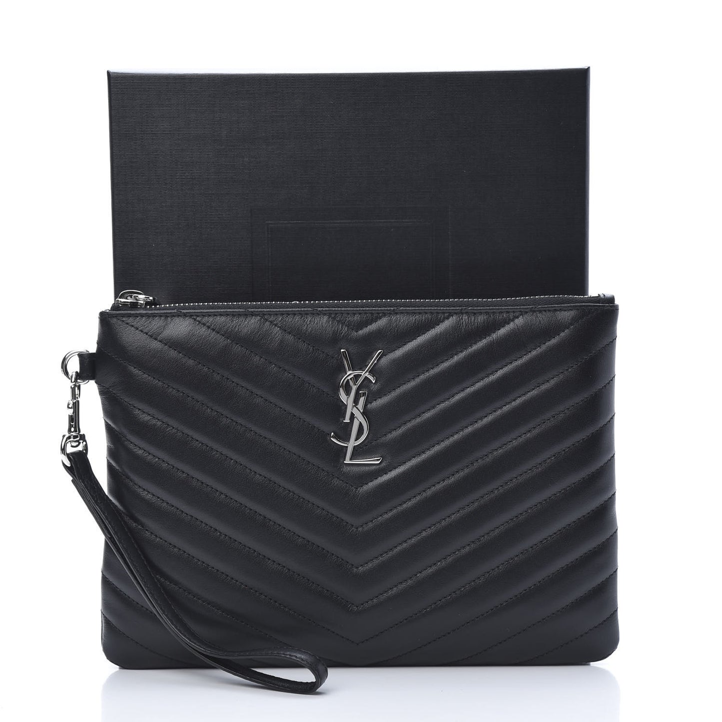 Calfskin Matelasse Chevron Monogram A5 Wristlet Black