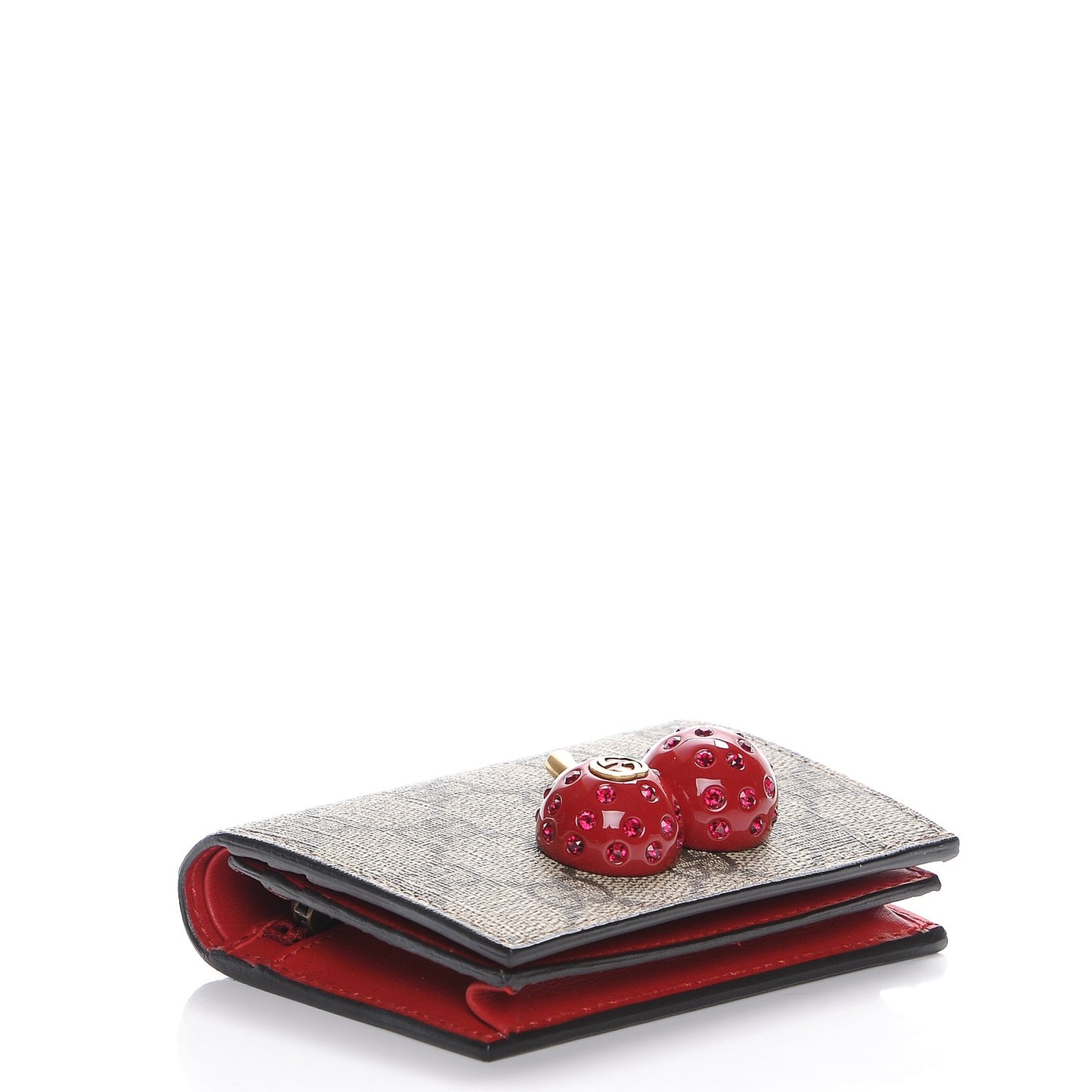 GG Supreme Monogram Cherry Embellished Card Case Wallet Hibiscus Red