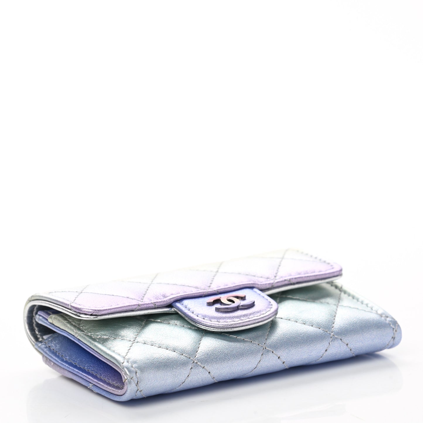 Gradient Metallic Calfskin Quilted Flap Card Holder Wallet Silver Blue Yellow Purple