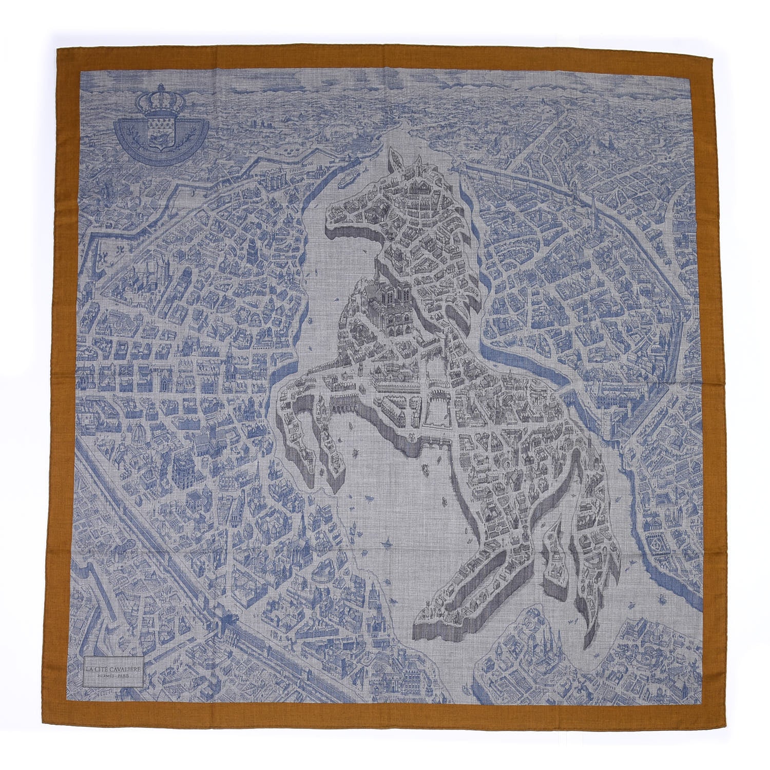 Hermes Cashmere Silk La Cite Cavaliere Shawl 140 Gold Gris Chine 1 of 4