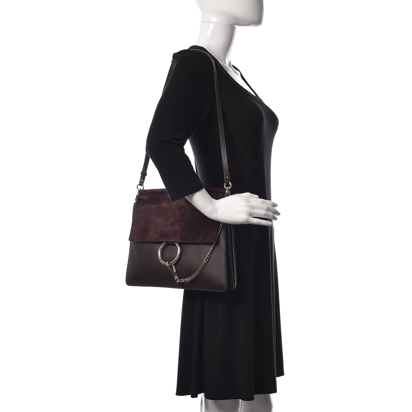 Calfskin Suede Medium Faye Shoulder Bag Carbon Brown