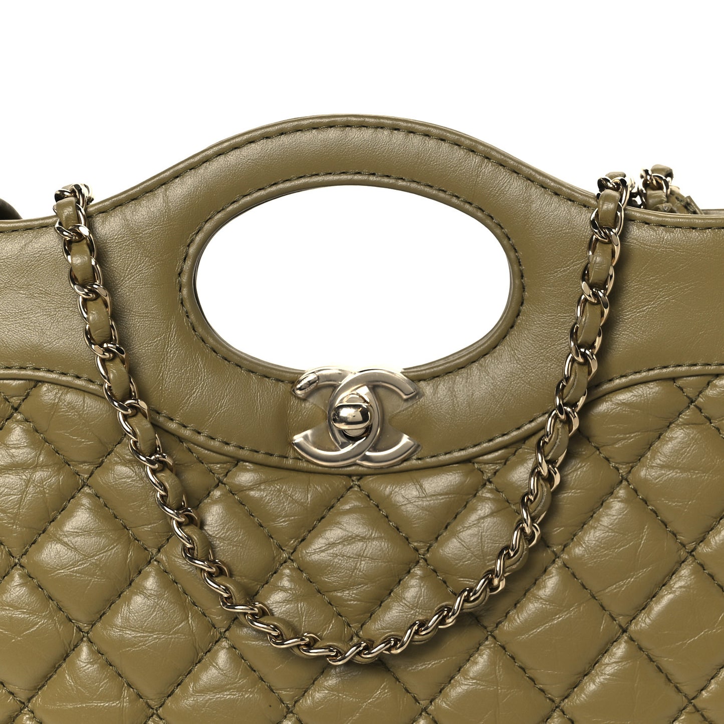 Shiny Crumpled Calfskin Quilted Mini 31 Shopping Bag Khaki