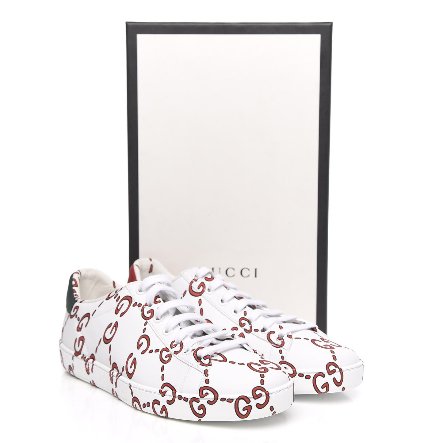 Calfskin GucciGhost Print Womens Ace Sneakers 37.5 White Hibiscus Red