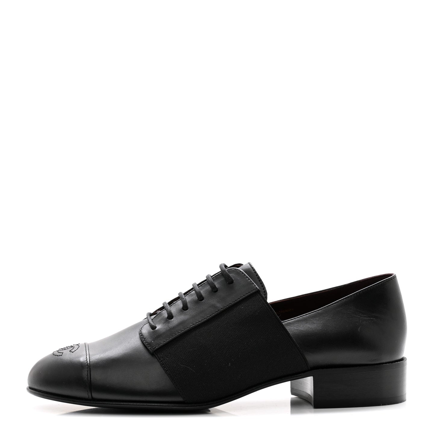 Calfskin Elastic Lace Up Cap Toe CC Loafers 38 Black