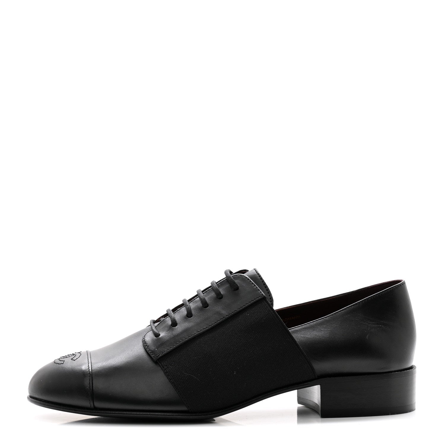 Chanel Calfskin Elastic Lace Up Cap Toe CC Loafers 38 Black 1 of 11