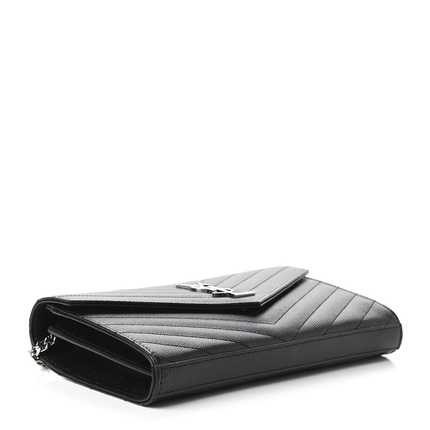 Saint Laurent Grain De Poudre Matelasse Chevron Monogram Chain Wallet Black 4 of 10