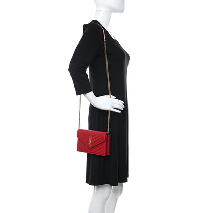 Saint Laurent Grain De Poudre Matelasse Chevron Cassandre Envelope Chain Wallet New Red 2 of 11