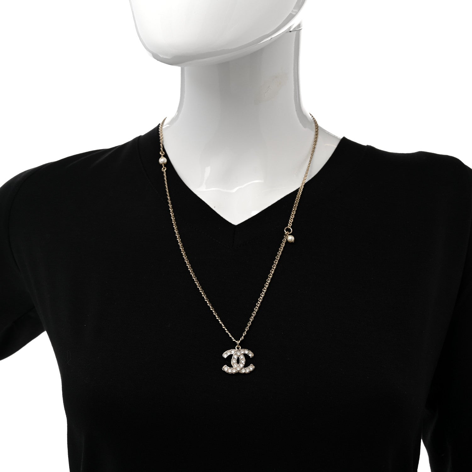Chanel Metal Pearl Crystal CC Textured Pendant Necklace Gold 2 of 7