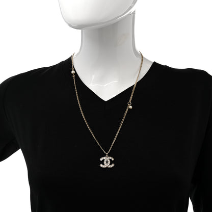 Chanel Metal Pearl Crystal CC Textured Pendant Necklace Gold 2 of 7
