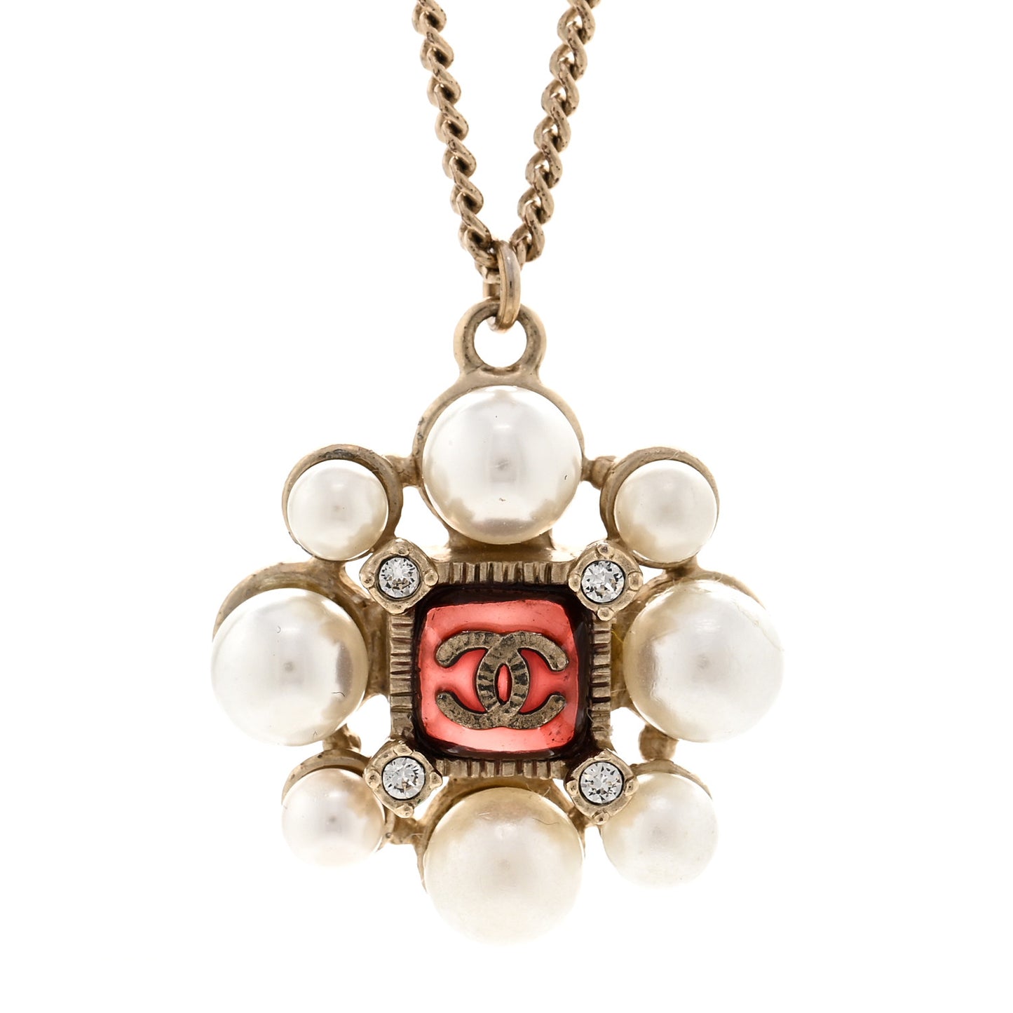 Gripoix Pearl Crystal CC Pendant Necklace Red Gold