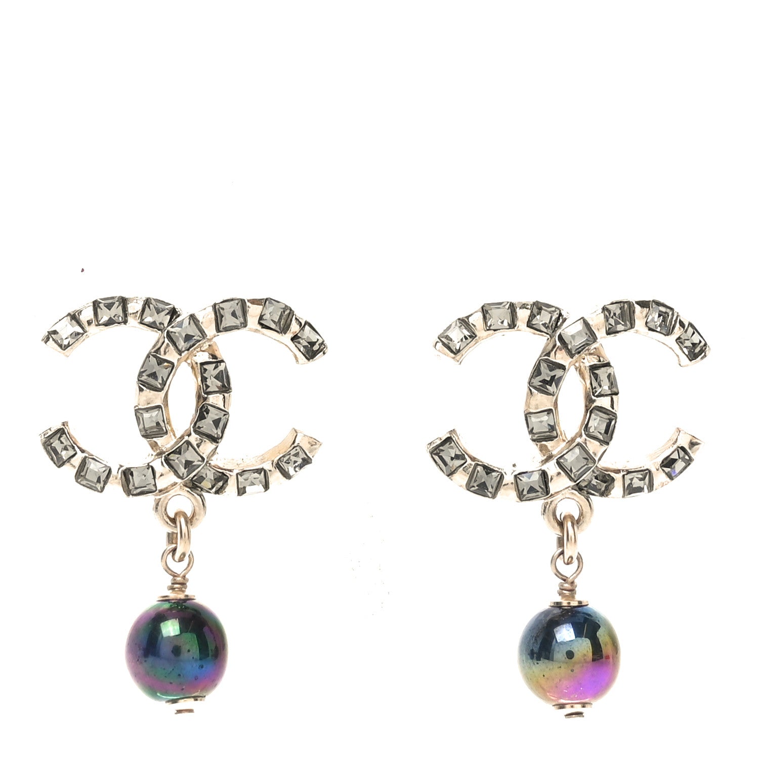 Chanel Crystal Pearl CC Drop Earrings Gold Purple Grey 1 of 4