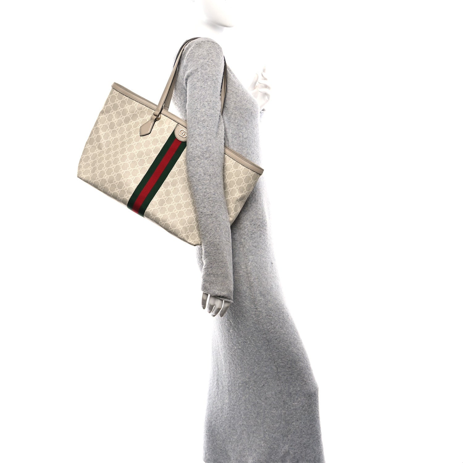 Gucci GG Supreme Monogram Textured Dollar Calfskin Web Medium Ophidia Shopping Tote Beige Mystic White Oatmeal 3 of 10