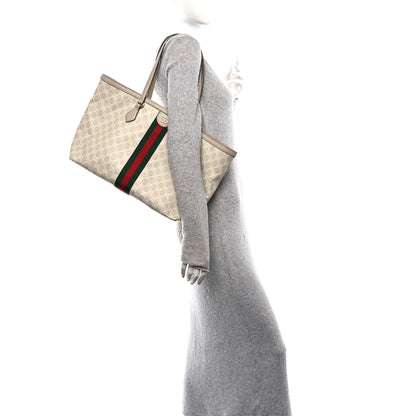 Gucci GG Supreme Monogram Textured Dollar Calfskin Web Medium Ophidia Shopping Tote Beige Mystic White Oatmeal 3 of 10
