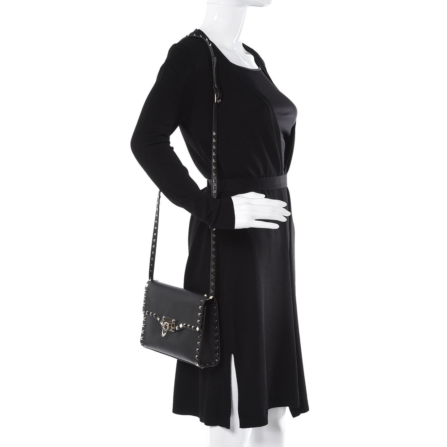 Pebbled Calfskin Medium Rockstud Flip Lock Crossbody Bag Black