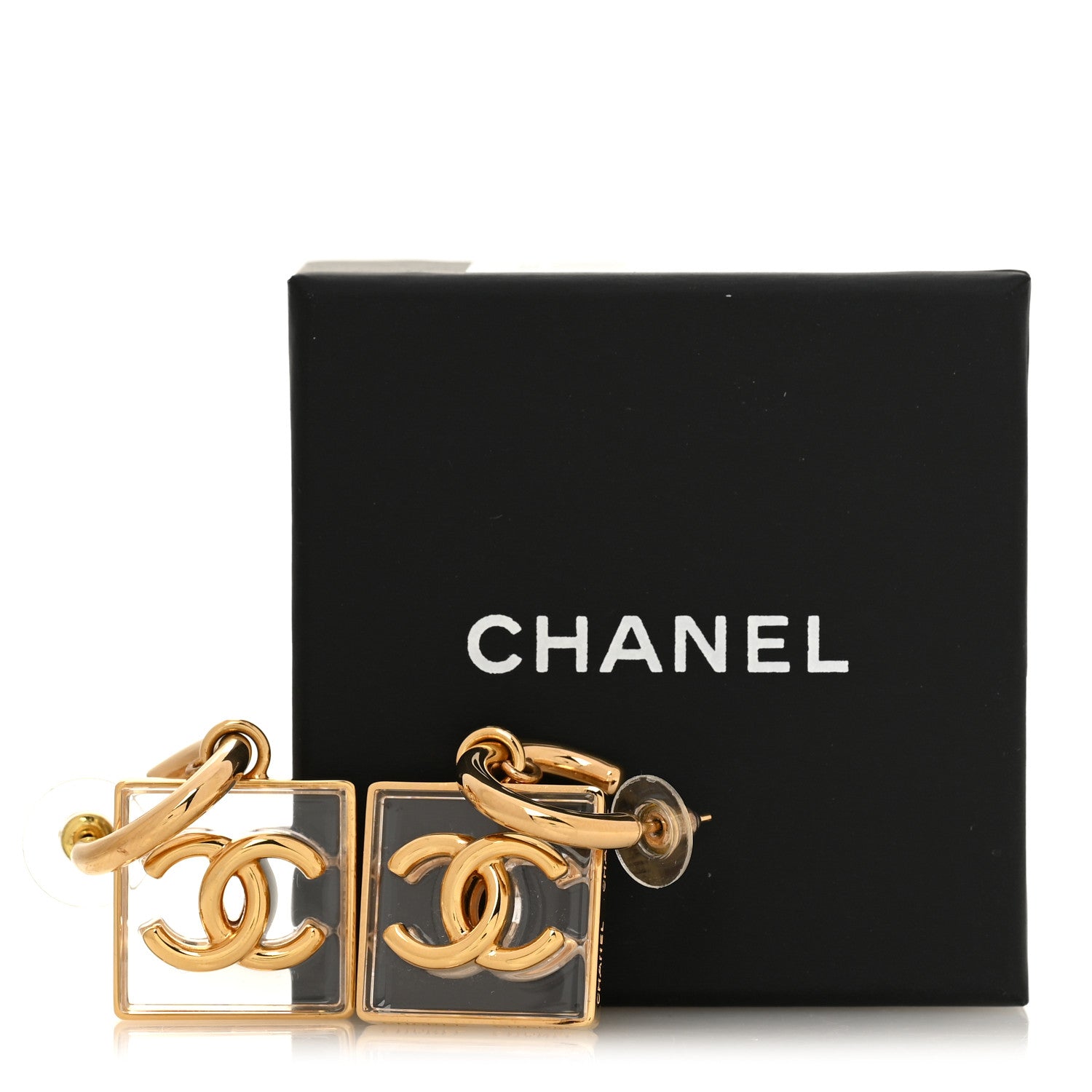 Chanel Metal Resin CC Square Drop Earrings Gold Transparent 5 of 5