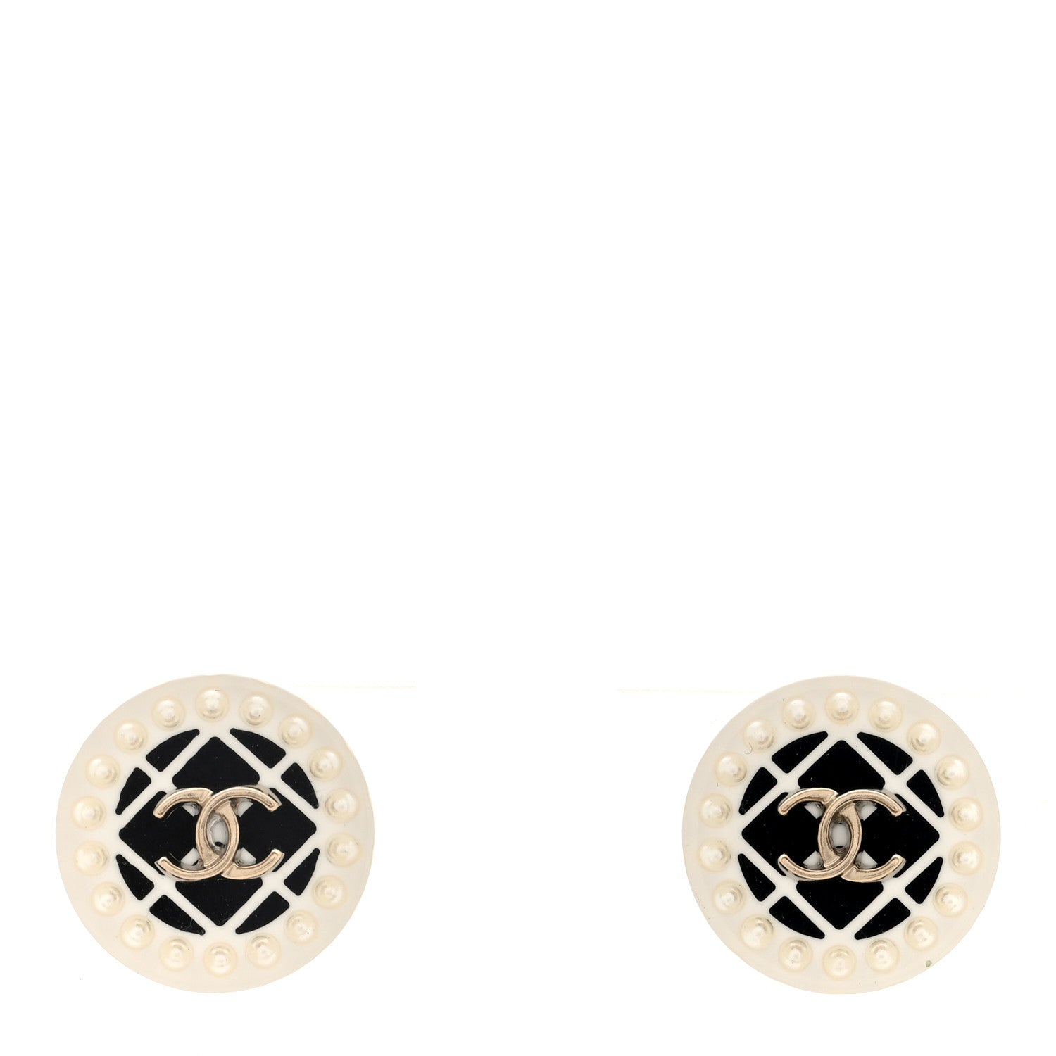 Chanel Resin Pearl Round CC Earrings White Black 1 of 4