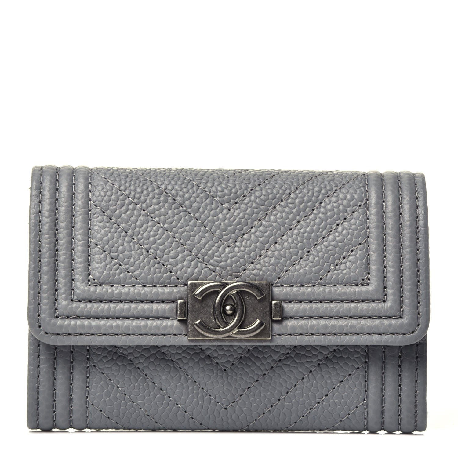 Chanel Caviar Chevron Quilted Boy Flap Card Holder Grey 1 of 9