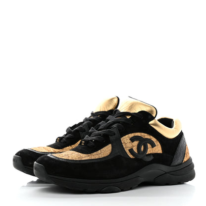 Chanel Metallic Fabric Suede Calfskin Crocodile Embossed Mens CC Sneakers 43 Black Gold 3 of 9