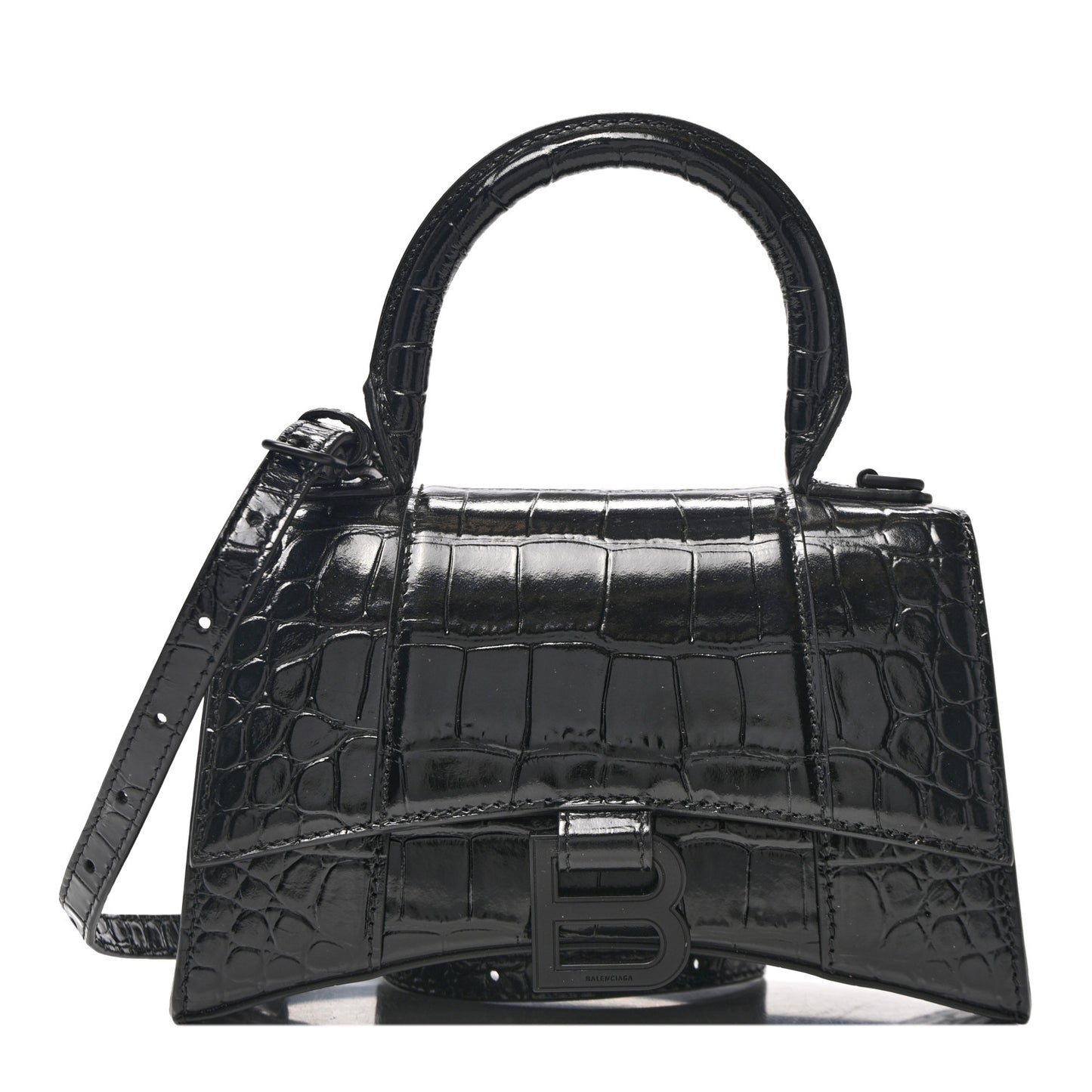 Shiny Calfskin Monochrome Crocodile Embossed Hourglass Top Handle Bag XS Black